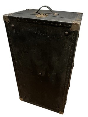 Vintage Black Steamer Trunk with Brass Hardware & Checked Interior