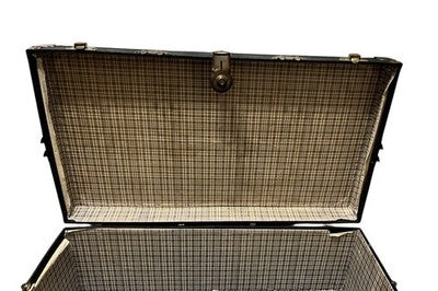 Vintage Black Steamer Trunk with Brass Hardware & Checked Interior