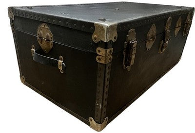 Vintage Black Steamer Trunk with Brass Hardware & Checked Interior