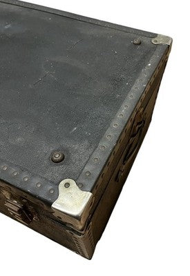 Vintage Black Steamer Trunk with Brass Hardware & Checked Interior