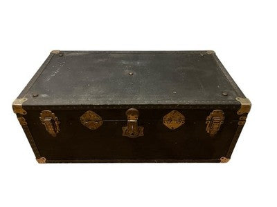 Vintage Black Steamer Trunk with Brass Hardware & Checked Interior