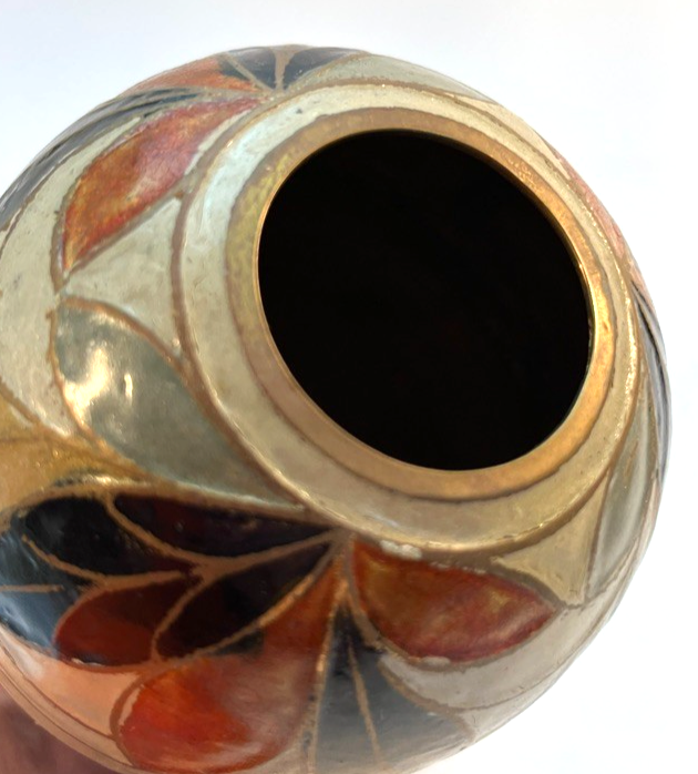 Vintage Hand Painted Brass & Ceramic Vase Art Deco Style Leaf Pattern 14cm
