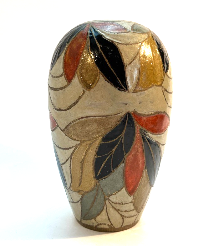 Vintage Hand Painted Brass & Ceramic Vase Art Deco Style Leaf Pattern 14cm