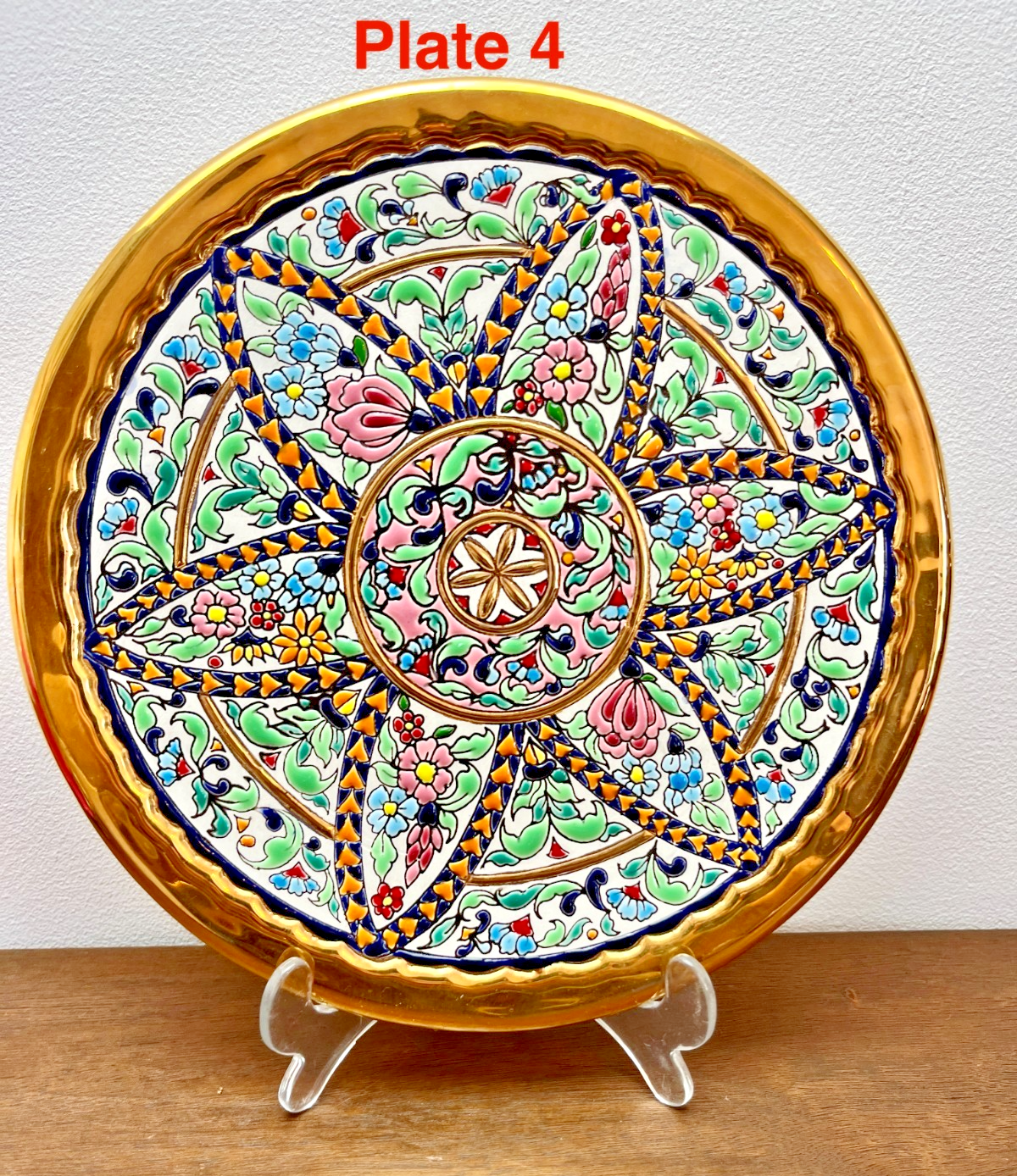 Vintage Spanish Folk Art Wall Plates Gold Hand Painted Floral Ceramic Wall Plate