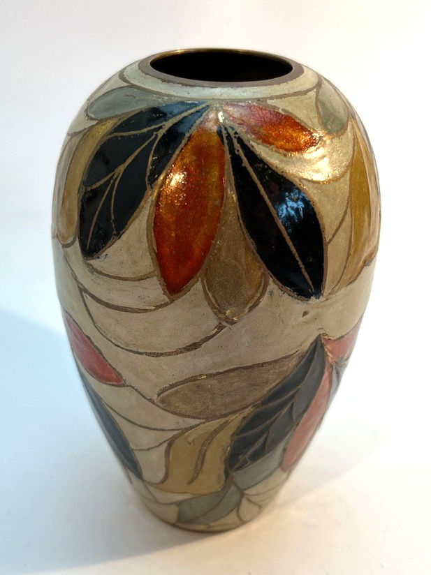 Vintage Hand Painted Brass & Ceramic Vase Art Deco Style Leaf Pattern 14cm
