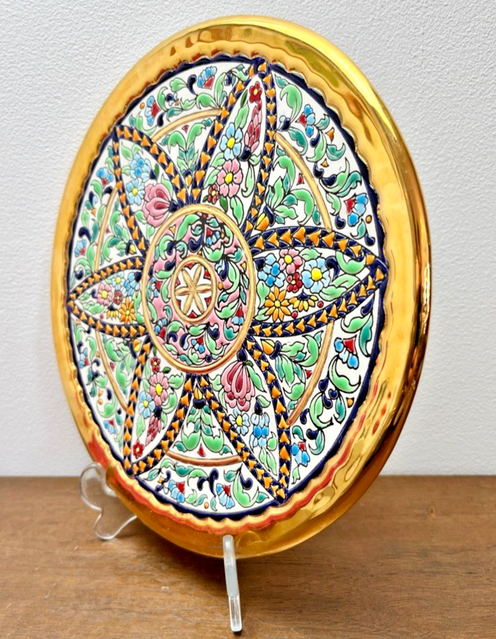 Vintage Spanish Folk Art Wall Plates Gold Hand Painted Floral Ceramic Wall Plate