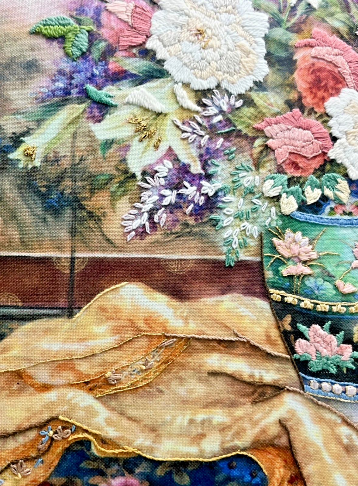 Large Framed Lena Liu Chinese Silk Embroidery Signed Floral Still Life 50x64cm