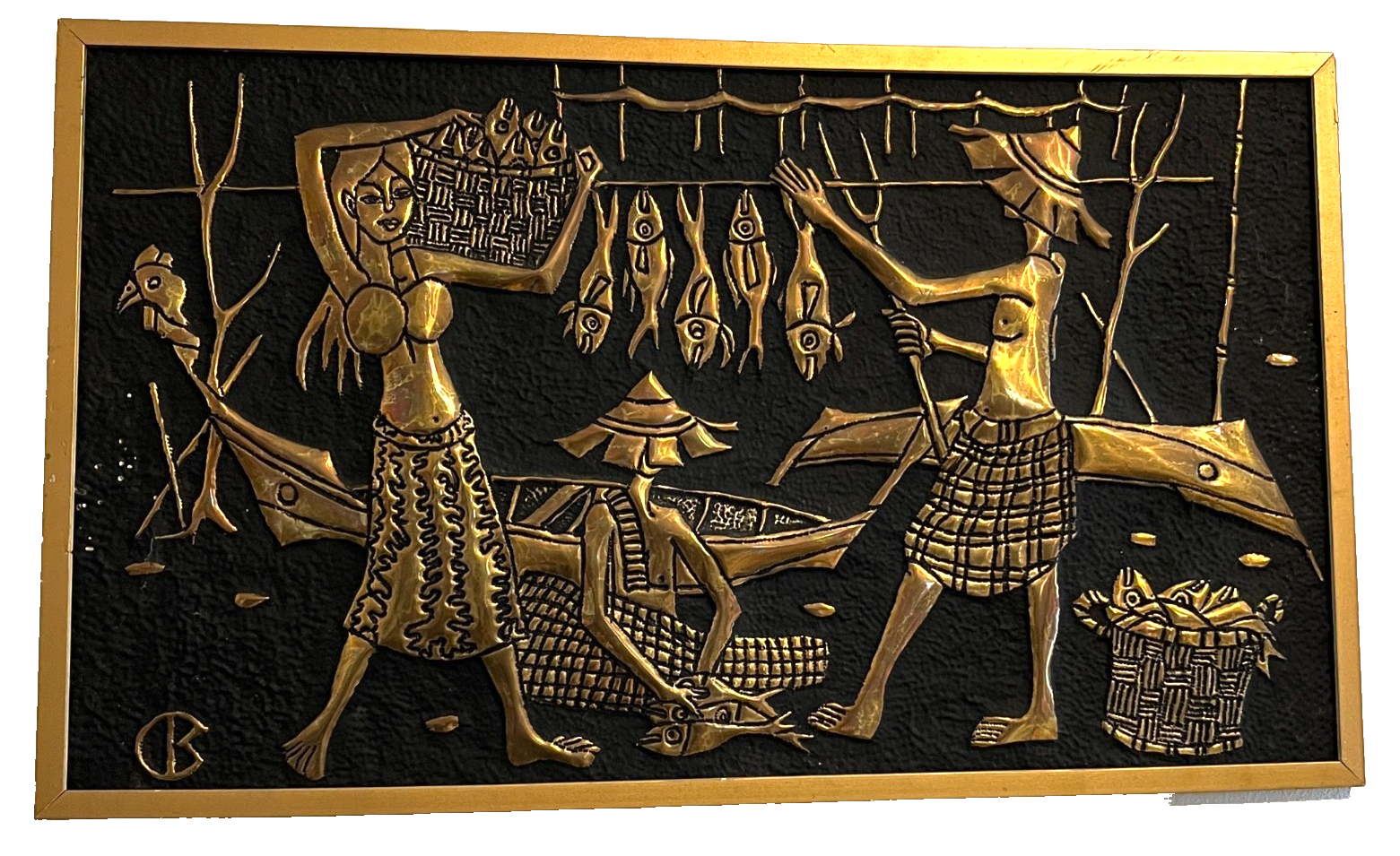 Pair of 1960s Mid-Century Faux Brass Wall Plaques – Asian Ox Cart Village Scene