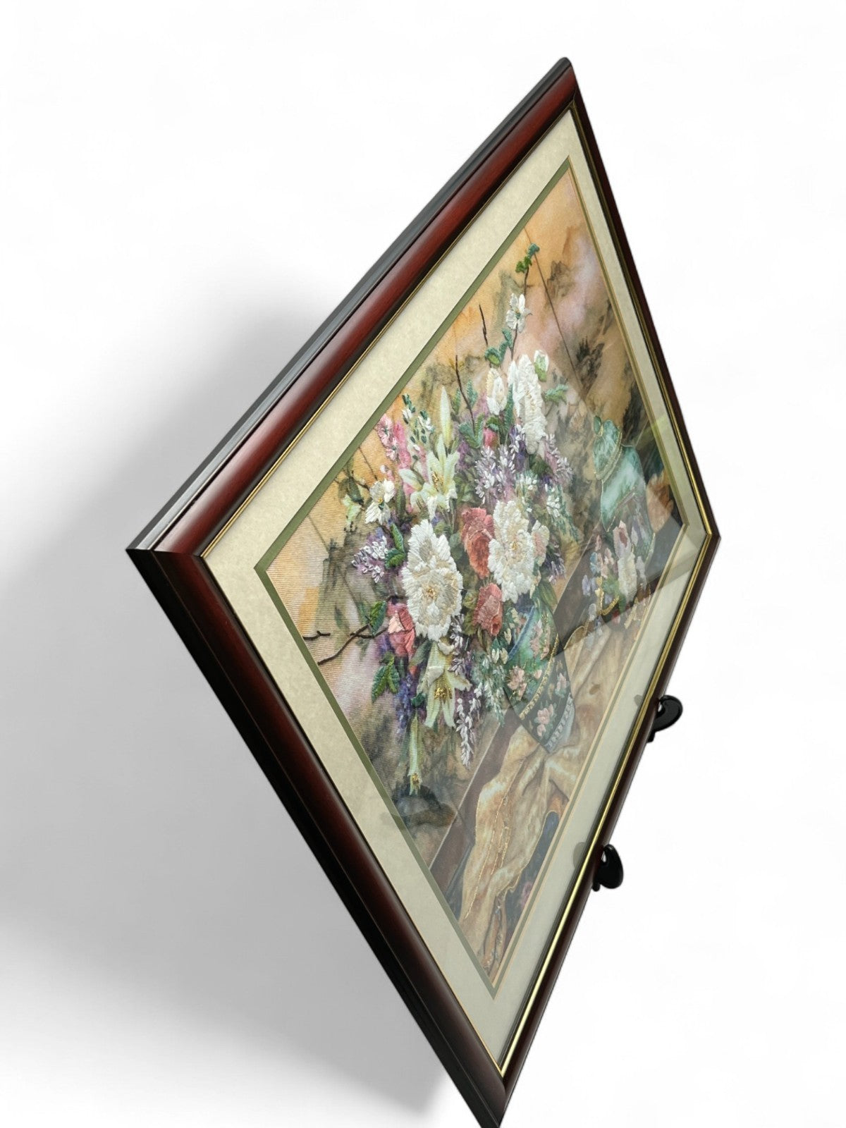 Large Framed Lena Liu Chinese Silk Embroidery Signed Floral Still Life 50x64cm