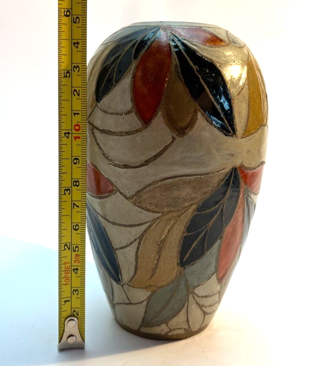 Vintage Hand Painted Brass & Ceramic Vase Art Deco Style Leaf Pattern 14cm