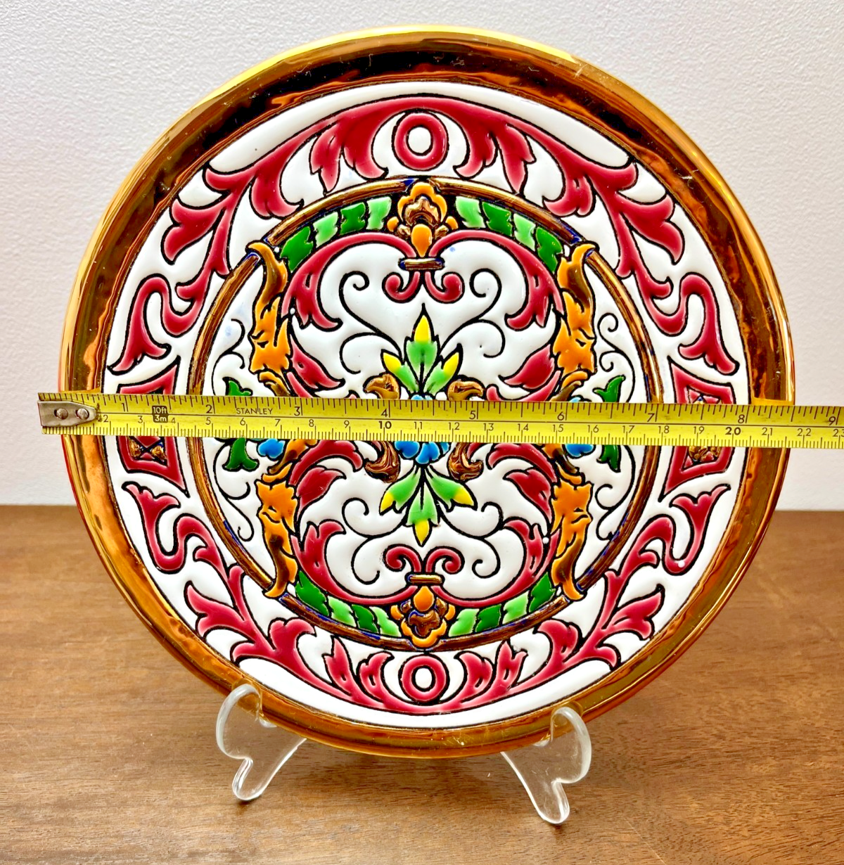 Vintage Spanish Folk Art Wall Plates Gold Hand Painted Floral Ceramic Wall Plate
