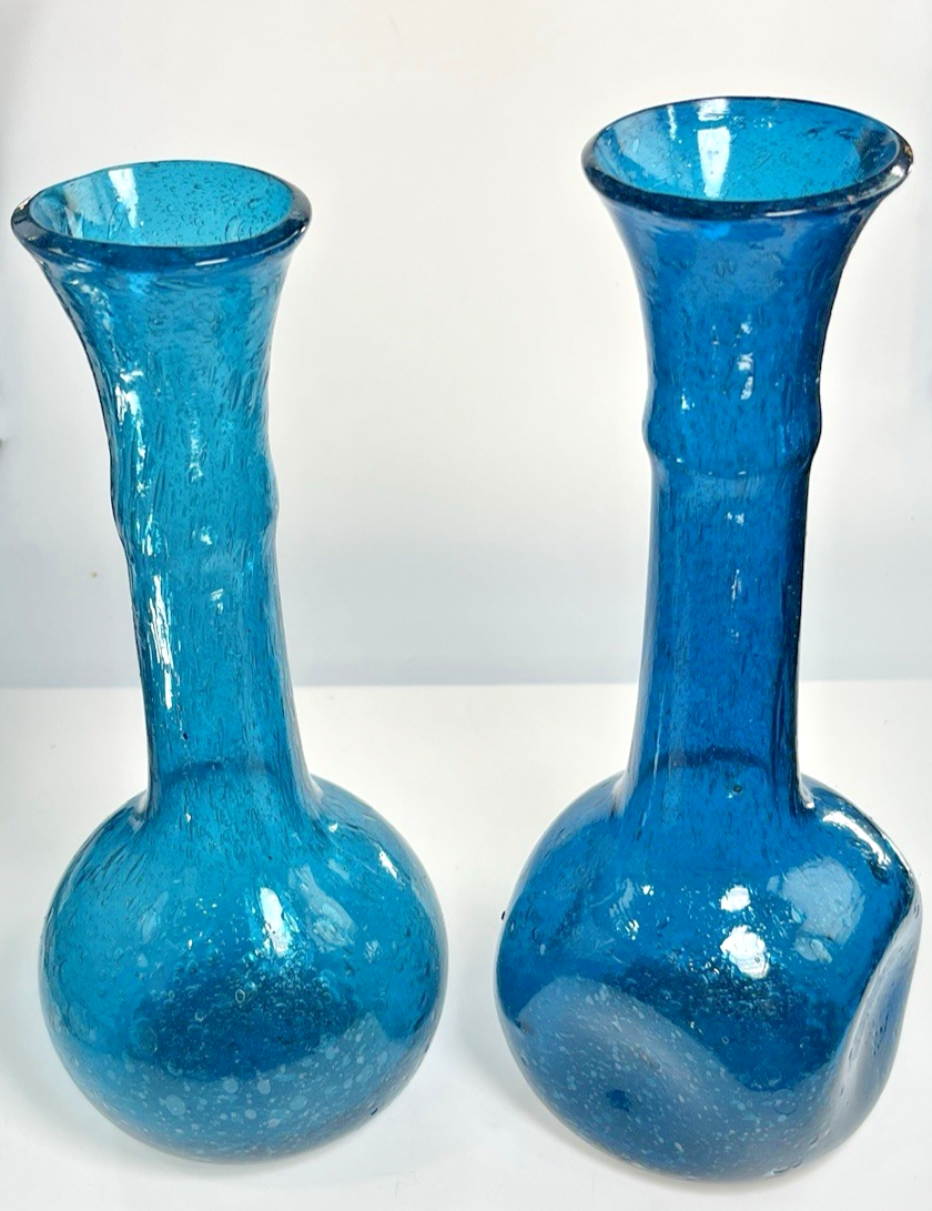 Pair of Egyptian Blue Recycled Glass Bud Vases – Hand Blown Textured Single Stem