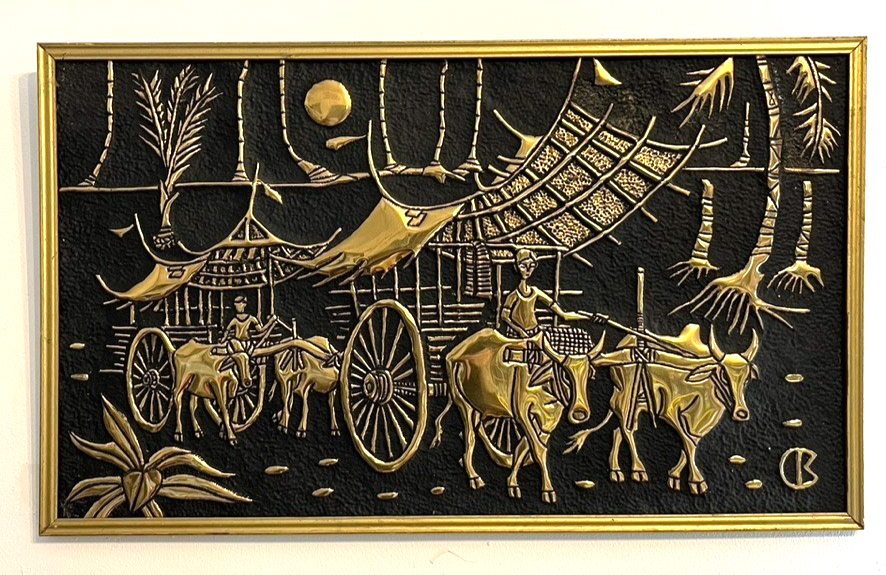 Pair of 1960s Mid-Century Faux Brass Wall Plaques – Asian Ox Cart Village Scene