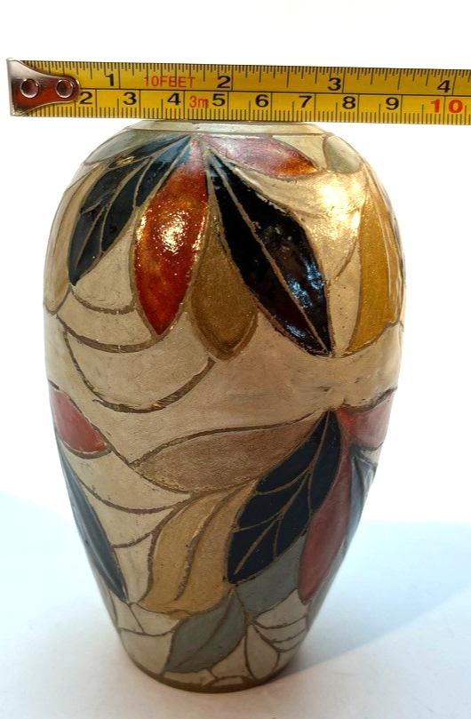 Vintage Hand Painted Brass & Ceramic Vase Art Deco Style Leaf Pattern 14cm