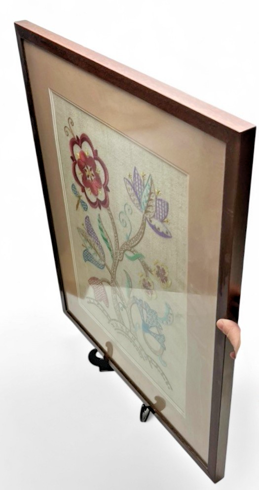Framed Crewel Embroidery Artwork Floral Design on Linen 65x54cm Vintage/Antique