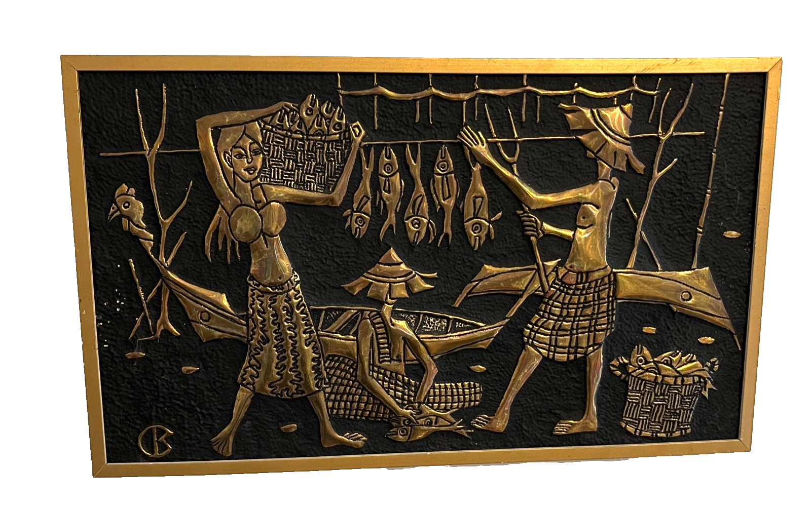 Pair of 1960s Mid-Century Faux Brass Wall Plaques – Asian Ox Cart Village Scene