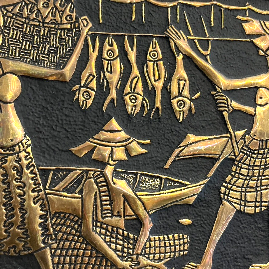 Pair of 1960s Mid-Century Faux Brass Wall Plaques – Asian Ox Cart Village Scene