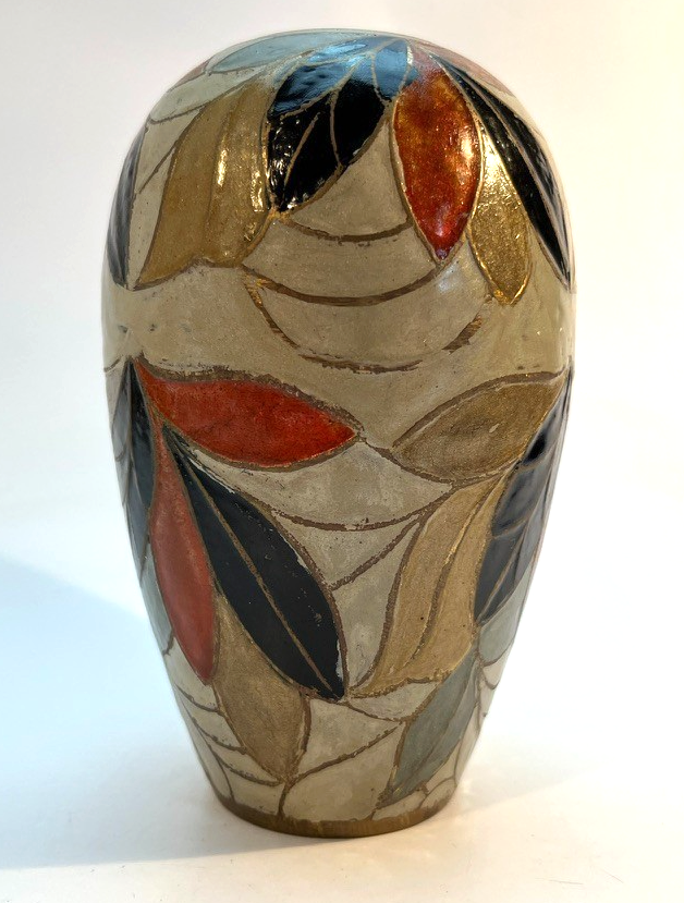 Vintage Hand Painted Brass & Ceramic Vase Art Deco Style Leaf Pattern 14cm
