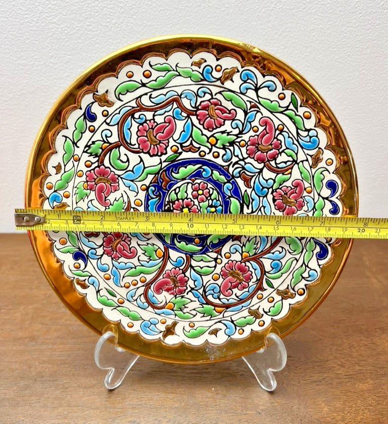 Vintage Spanish Folk Art Wall Plates Gold Hand Painted Floral Ceramic Wall Plate