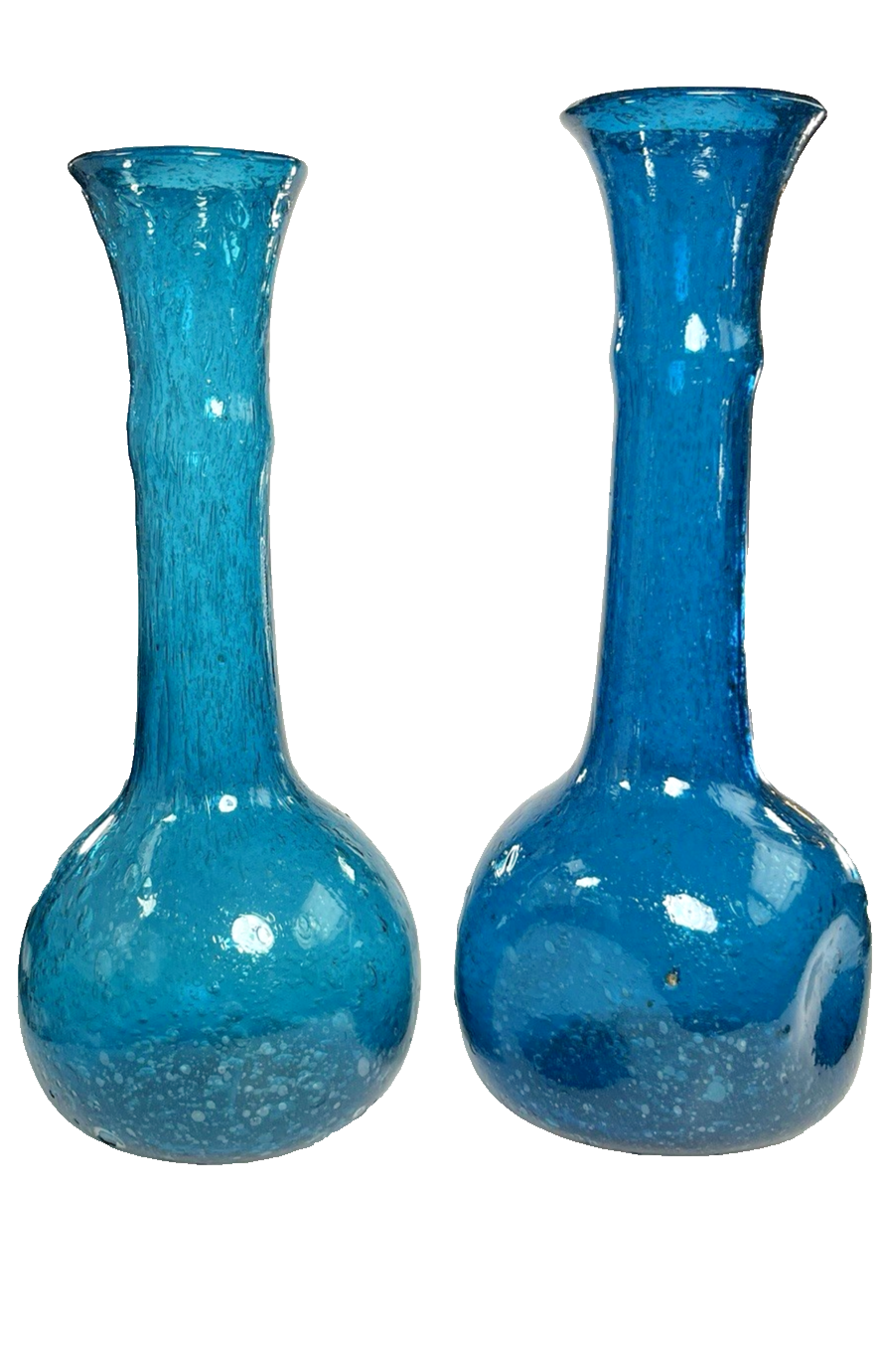 Pair of Egyptian Blue Recycled Glass Bud Vases – Hand Blown Textured Single Stem