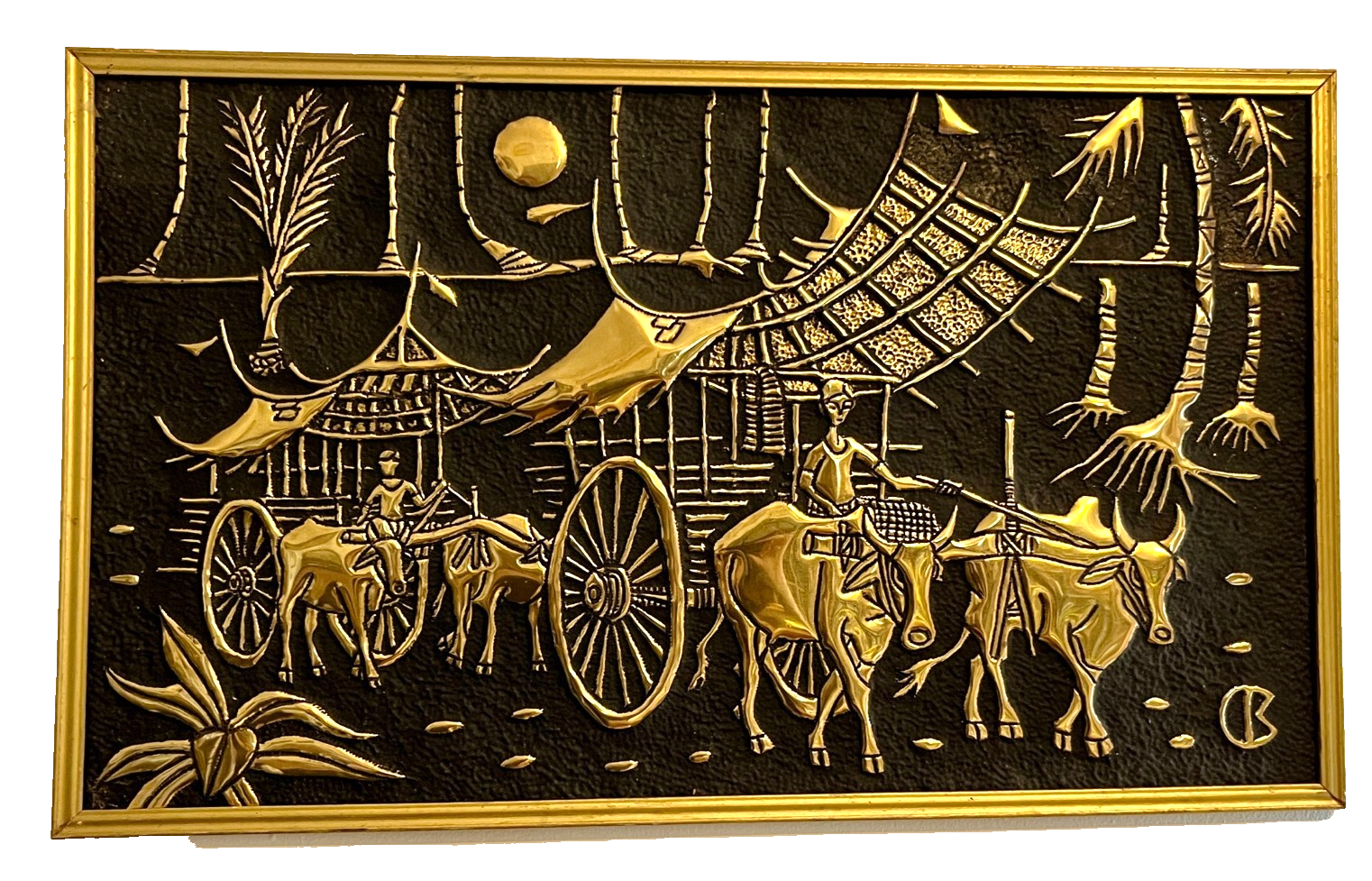 Pair of 1960s Mid-Century Faux Brass Wall Plaques – Asian Ox Cart Village Scene