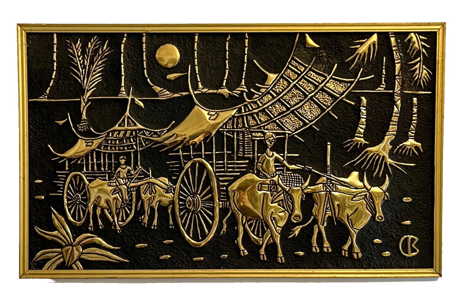 Pair of 1960s Mid-Century Faux Brass Wall Plaques – Asian Ox Cart Village Scene