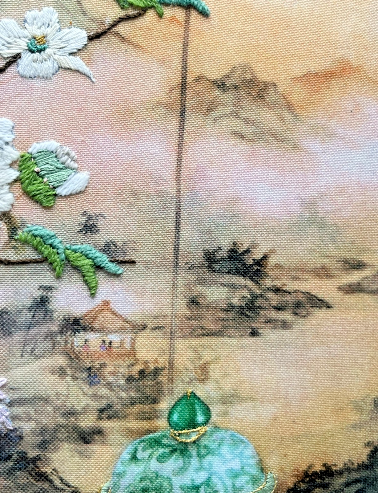 Large Framed Lena Liu Chinese Silk Embroidery Signed Floral Still Life 50x64cm