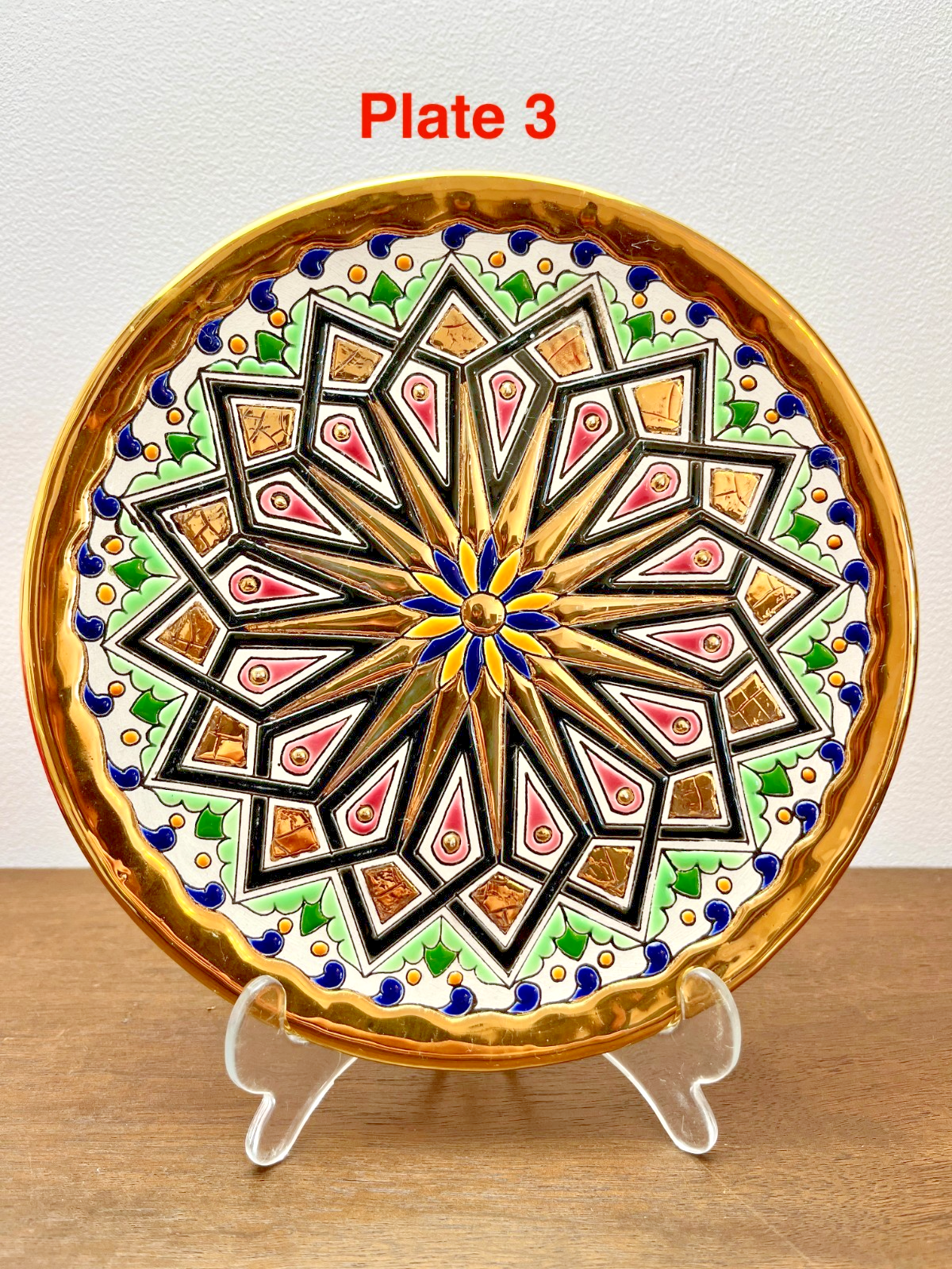 Vintage Spanish Folk Art Wall Plates Gold Hand Painted Floral Ceramic Wall Plate