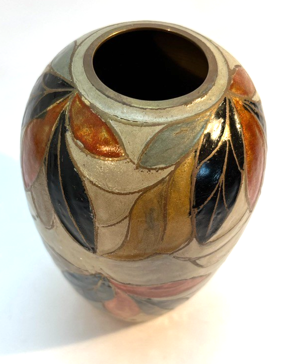Vintage Hand Painted Brass & Ceramic Vase Art Deco Style Leaf Pattern 14cm