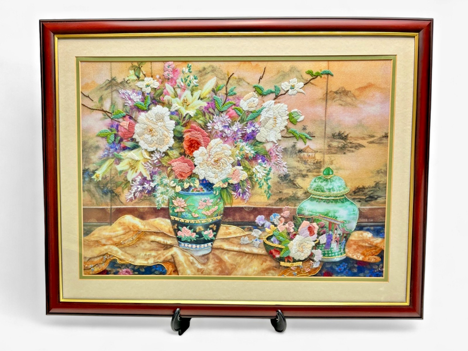 Large Framed Lena Liu Chinese Silk Embroidery Signed Floral Still Life 50x64cm