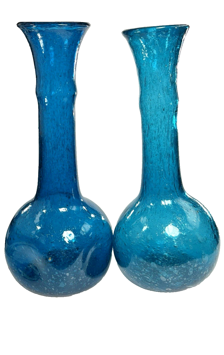 Pair of Egyptian Blue Recycled Glass Bud Vases – Hand Blown Textured Single Stem