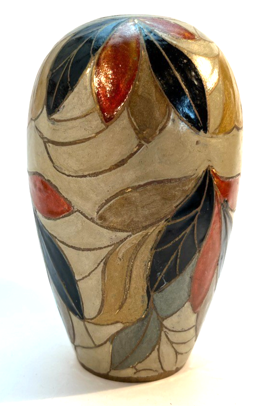 Vintage Hand Painted Brass & Ceramic Vase Art Deco Style Leaf Pattern 14cm