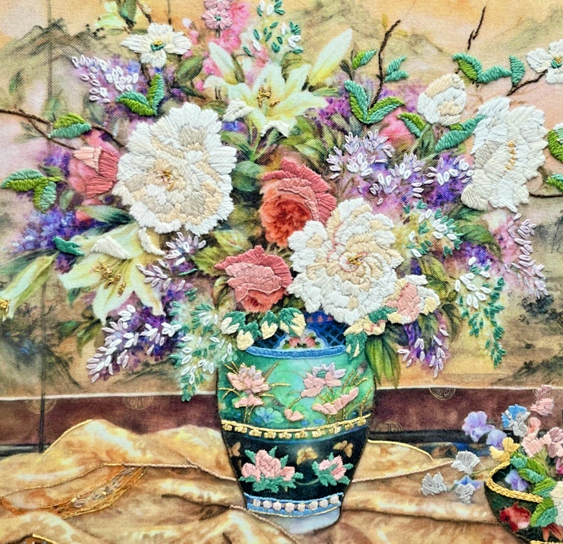 Large Framed Lena Liu Chinese Silk Embroidery Signed Floral Still Life 50x64cm