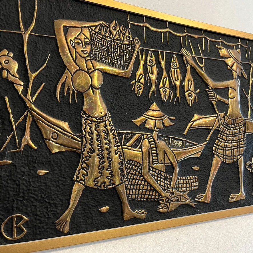 Pair of 1960s Mid-Century Faux Brass Wall Plaques – Asian Ox Cart Village Scene