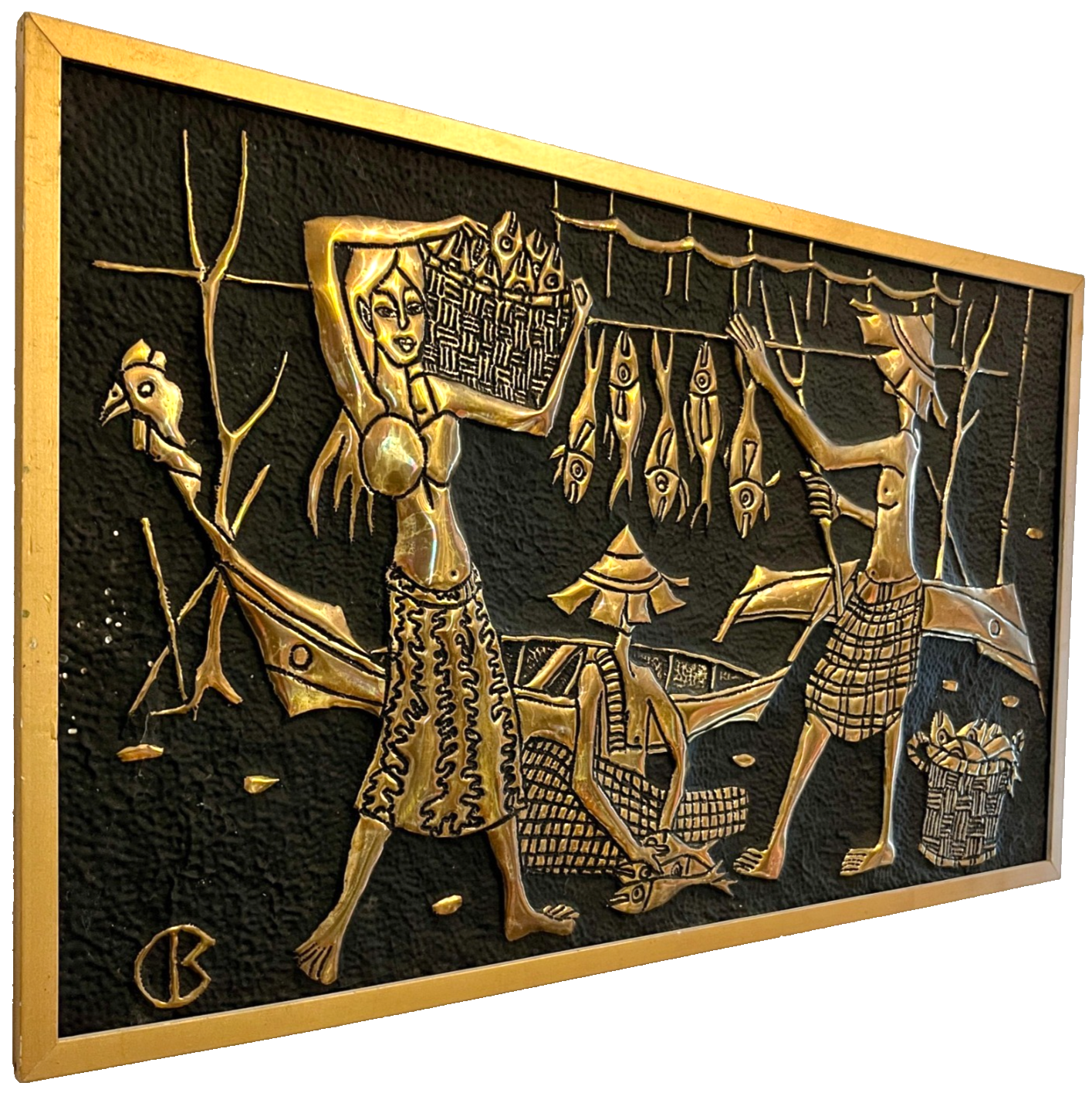 Pair of 1960s Mid-Century Faux Brass Wall Plaques – Asian Ox Cart Village Scene