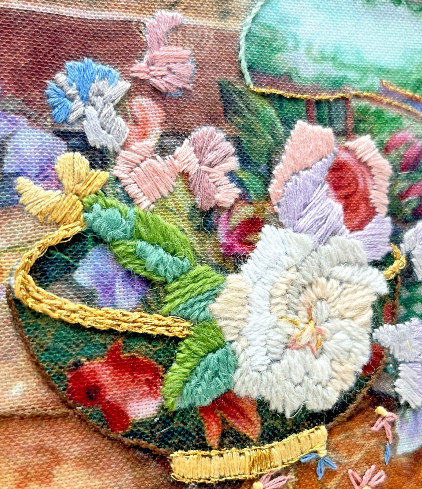 Large Framed Lena Liu Chinese Silk Embroidery Signed Floral Still Life 50x64cm