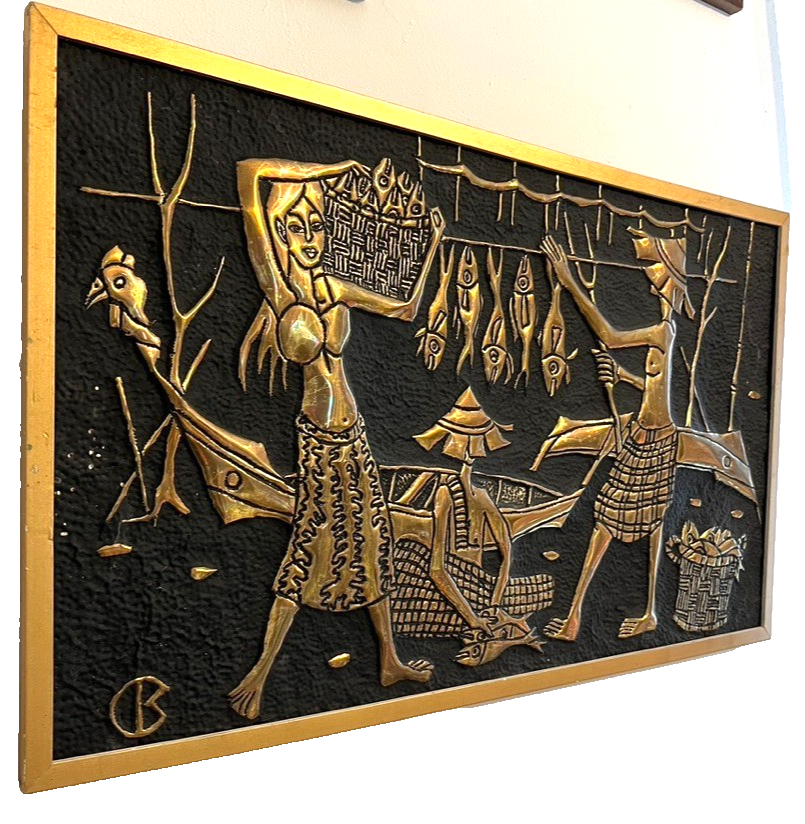 Pair of 1960s Mid-Century Faux Brass Wall Plaques – Asian Ox Cart Village Scene