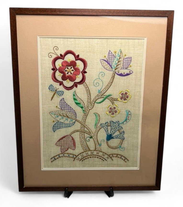 Framed Crewel Embroidery Artwork Floral Design on Linen 65x54cm Vintage/Antique