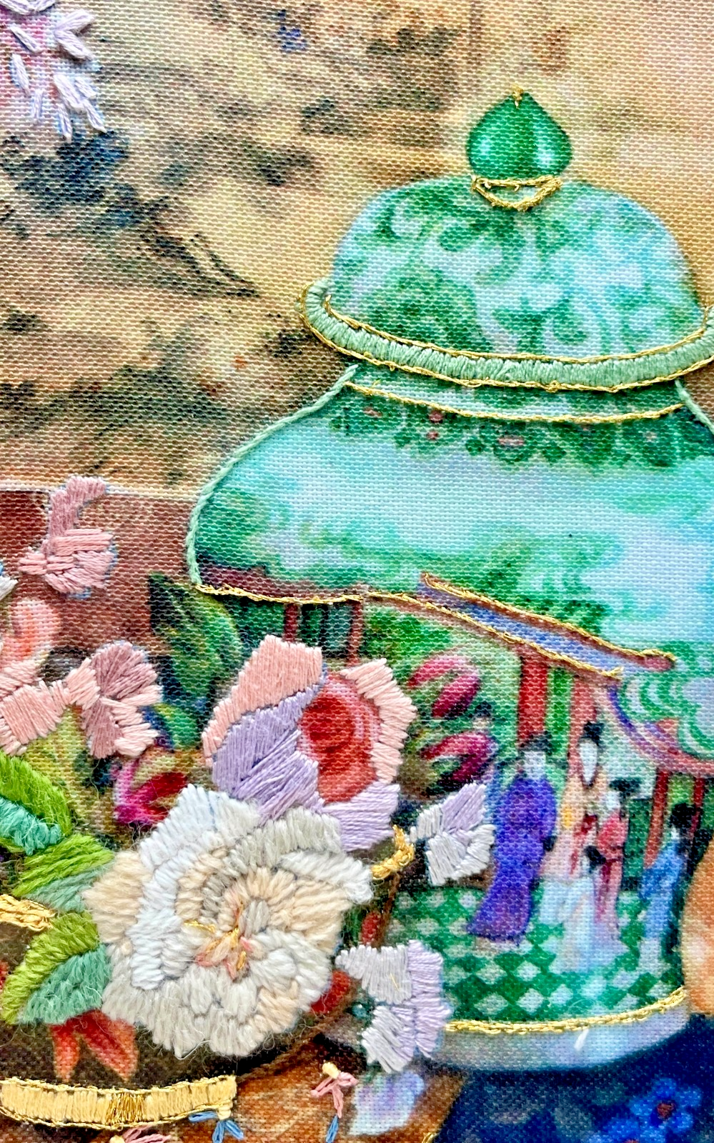 Large Framed Lena Liu Chinese Silk Embroidery Signed Floral Still Life 50x64cm