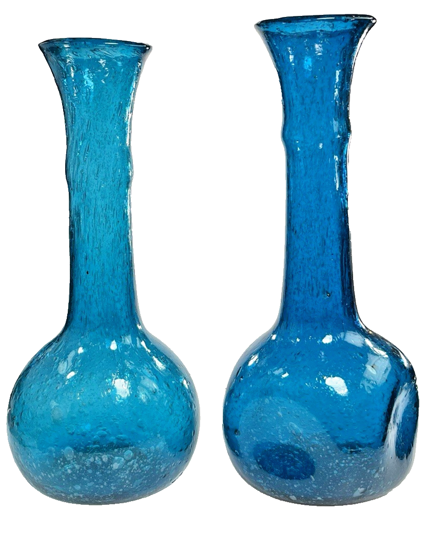 Pair of Egyptian Blue Recycled Glass Bud Vases – Hand Blown Textured Single Stem