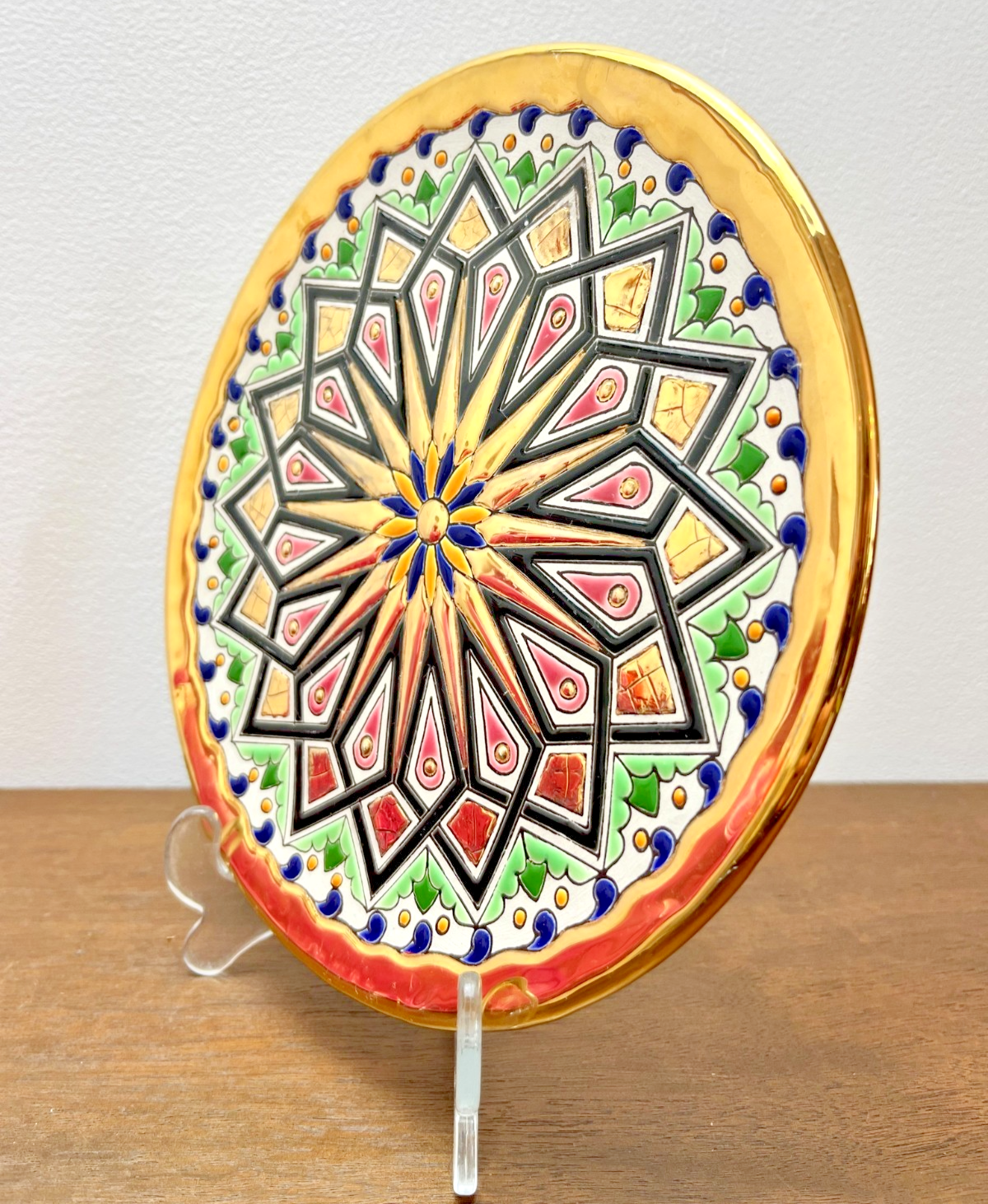 Vintage Spanish Folk Art Wall Plates Gold Hand Painted Floral Ceramic Wall Plate