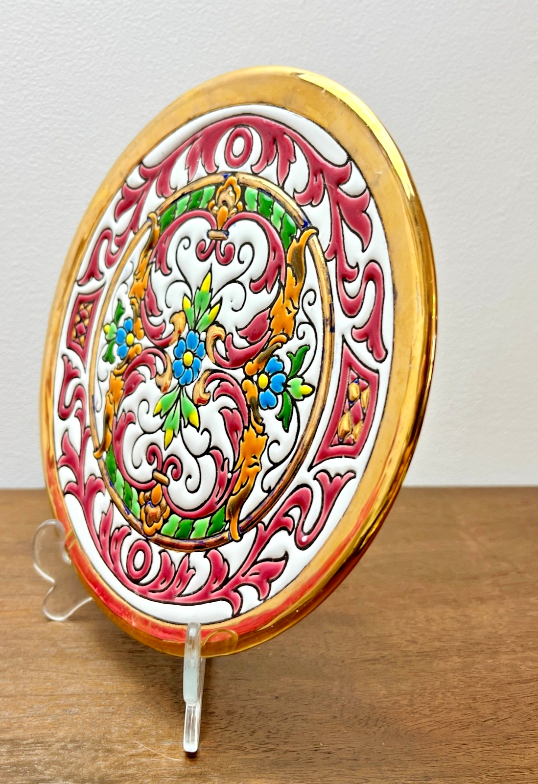 Vintage Spanish Folk Art Wall Plates Gold Hand Painted Floral Ceramic Wall Plate