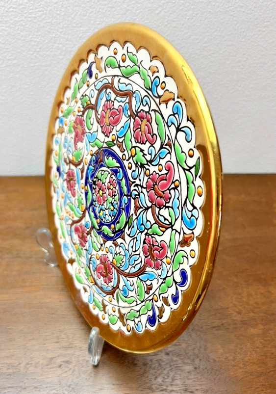 Vintage Spanish Folk Art Wall Plates Gold Hand Painted Floral Ceramic Wall Plate