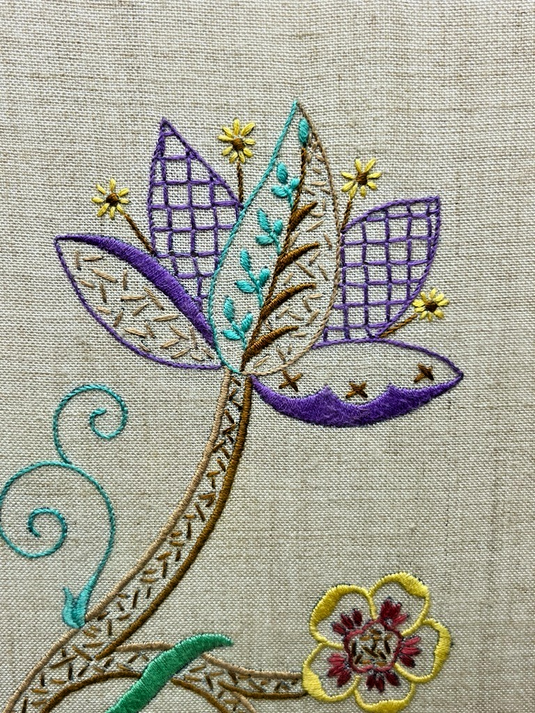 Framed Crewel Embroidery Artwork Floral Design on Linen 65x54cm Vintage/Antique