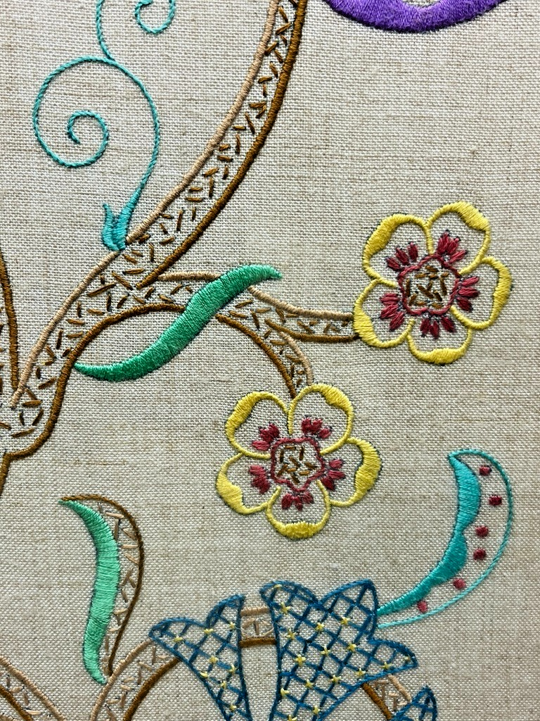 Framed Crewel Embroidery Artwork Floral Design on Linen 65x54cm Vintage/Antique