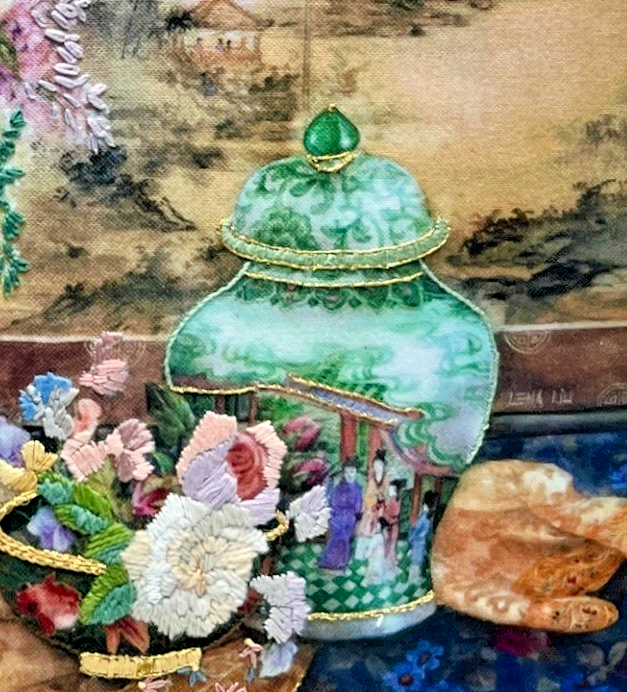 Large Framed Lena Liu Chinese Silk Embroidery Signed Floral Still Life 50x64cm