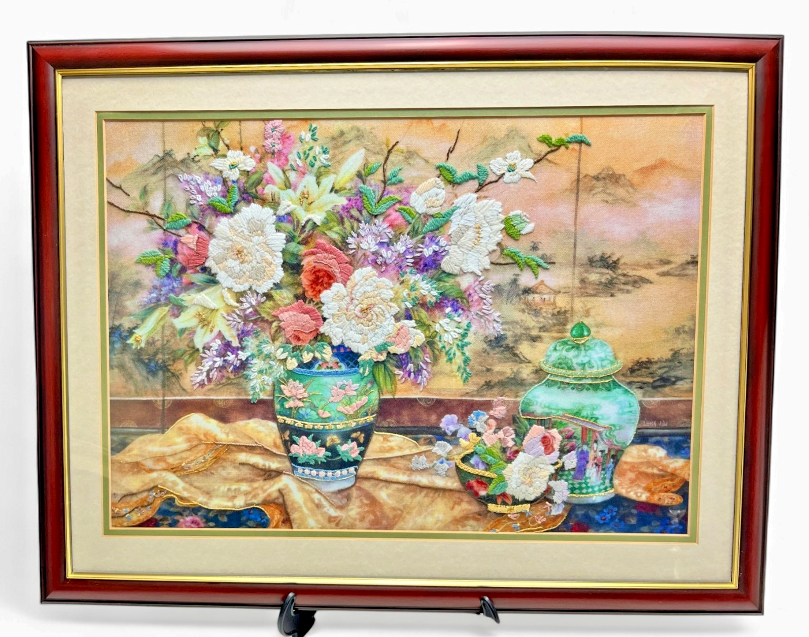 Large Framed Lena Liu Chinese Silk Embroidery Signed Floral Still Life 50x64cm