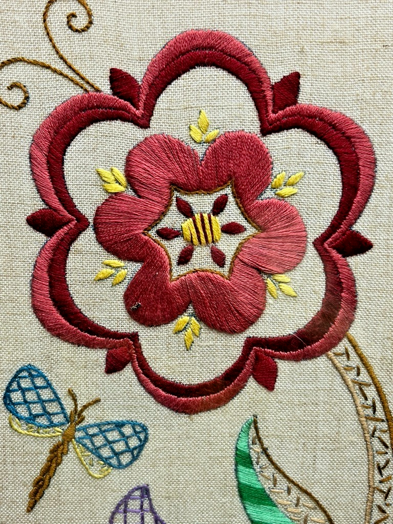 Framed Crewel Embroidery Artwork Floral Design on Linen 65x54cm Vintage/Antique