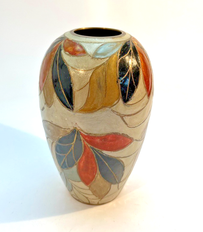 Vintage Hand Painted Brass & Ceramic Vase Art Deco Style Leaf Pattern 14cm
