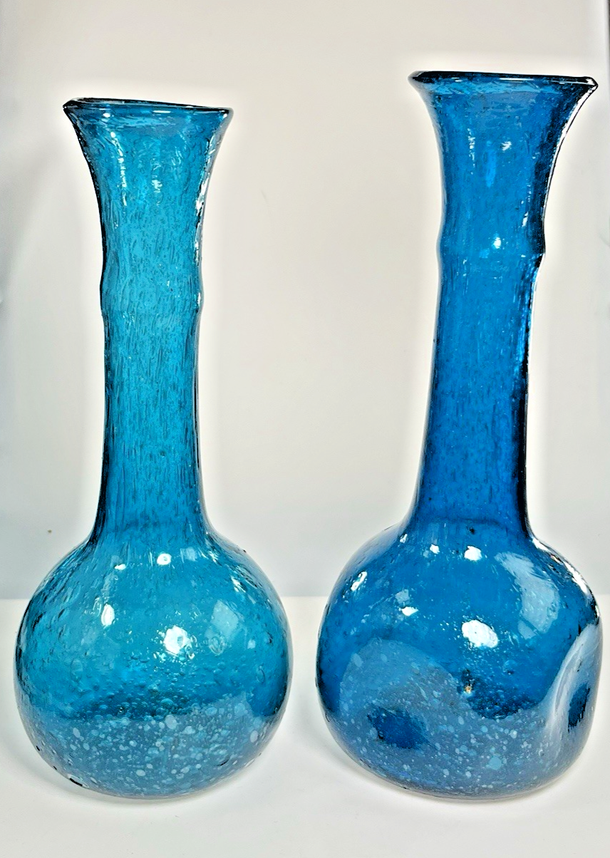 Pair of Egyptian Blue Recycled Glass Bud Vases – Hand Blown Textured Single Stem